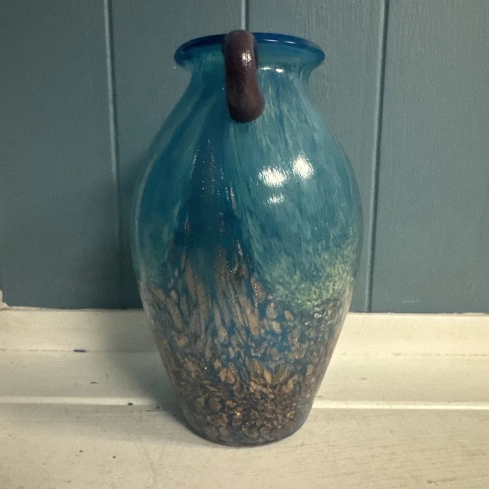 Pier 1 Imports ‎ Art Glass Milano Amphora Teal Blue Gold 8